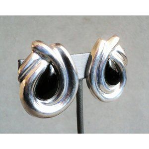 Vtg Big STERLING Silver & Black Onyx Double Swirl EARRINGS Taxco Mexico -ClipOns